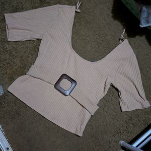 Zara Ribbed Crop Buckle Round Neck Top Tan